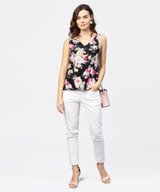 Black Printed cutways sleeveless crepe tops