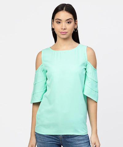 Sea green cold shoulder layered sleeve crepe top