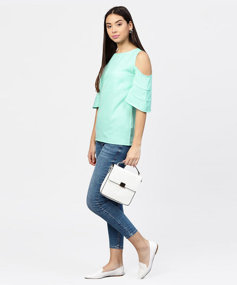 Sea green cold shoulder layered sleeve crepe top
