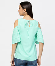 Sea green cold shoulder layered sleeve crepe top
