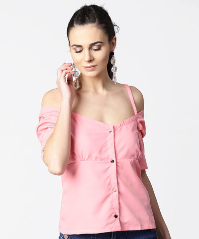 Solid half cold shoulder sleeve crepe top