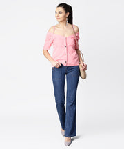 Solid half cold shoulder sleeve crepe top