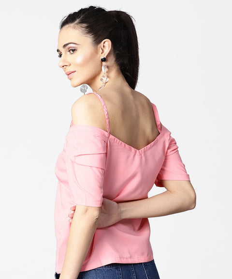 Solid half cold shoulder sleeve crepe top