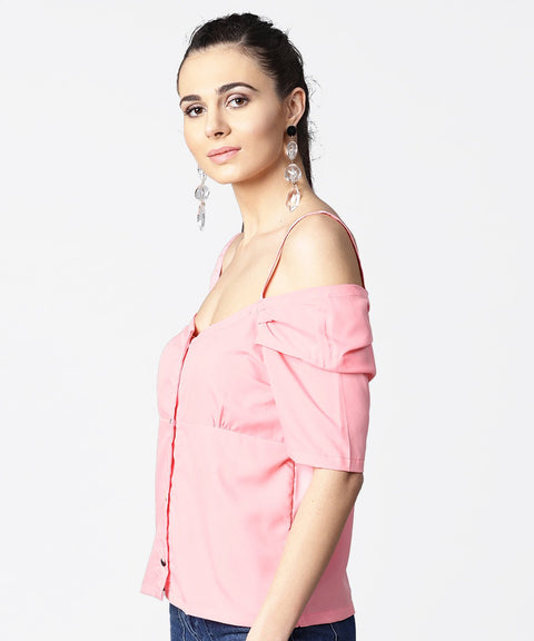 Solid half cold shoulder sleeve crepe top