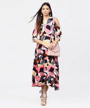 Multi printed 3/4th cold shoulder sleeve A-line Maxi dress