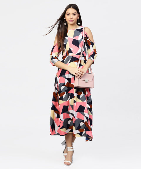 Multi printed 3/4th cold shoulder sleeve A-line Maxi dress