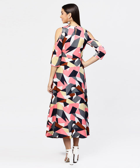 Multi printed 3/4th cold shoulder sleeve A-line Maxi dress