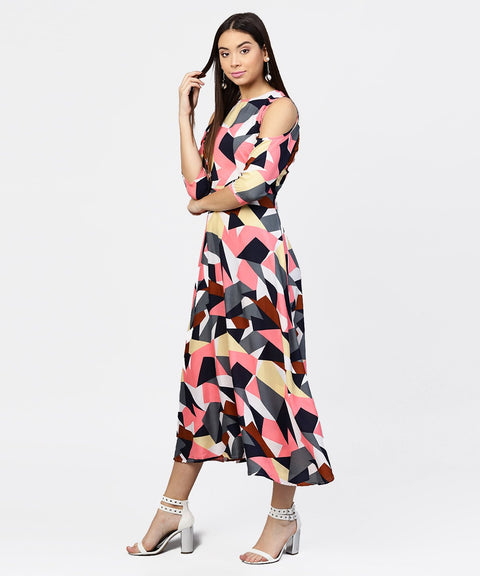 Multi printed 3/4th cold shoulder sleeve A-line Maxi dress