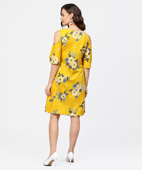 Printed Assymetrical A-line knotted belt style dress with 3/4th cold-shoulder sleeve