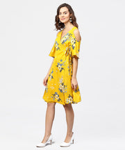 Printed Assymetrical A-line knotted belt style dress with 3/4th cold-shoulder sleeve