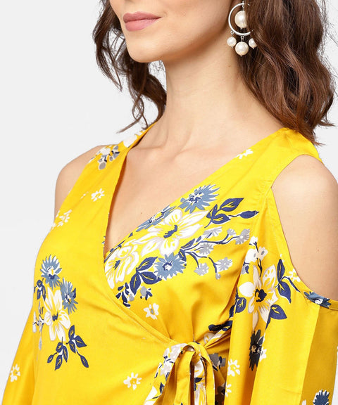 Printed Assymetrical A-line knotted belt style dress with 3/4th cold-shoulder sleeve