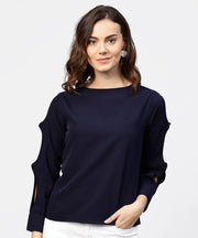 Blue full sleeve crepe top with gathered