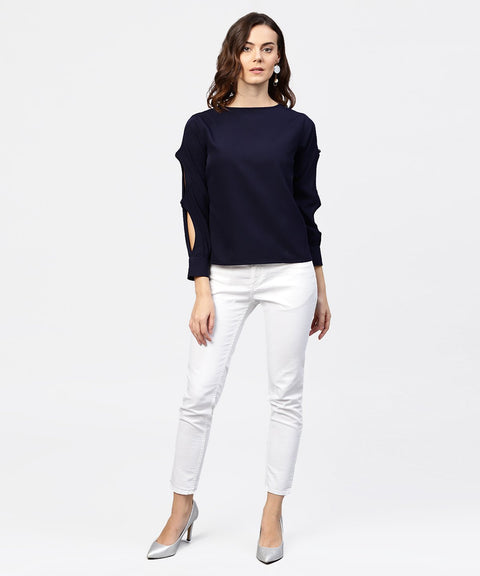 Blue full sleeve crepe top with gathered