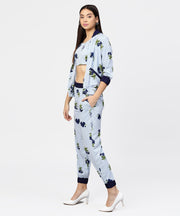 Blue striped Crop top with full sleeve open jacket & printed Mid-Rise joggers with 2 pockets