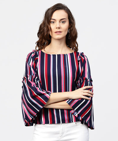 Striped multi printed flared sleeves crepe top