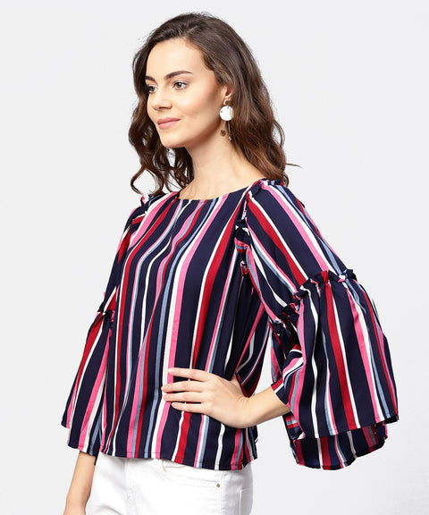 Striped multi printed flared sleeves crepe top