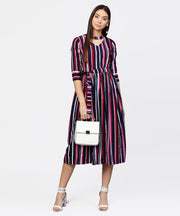 Striped printed 3/4th sleeve choker neckline full length dress with belt