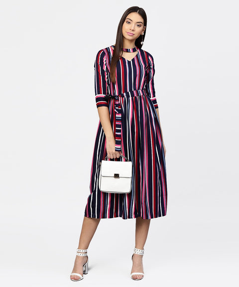 Striped printed 3/4th sleeve choker neckline full length dress with belt