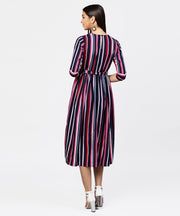 Striped printed 3/4th sleeve choker neckline full length dress with belt