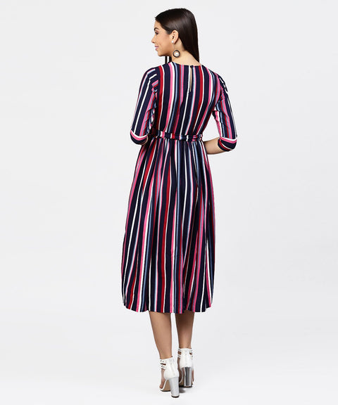 Striped printed 3/4th sleeve choker neckline full length dress with belt