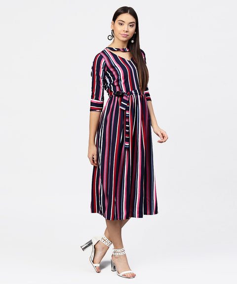 Striped printed 3/4th sleeve choker neckline full length dress with belt