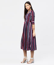 Striped printed 3/4th sleeve choker neckline full length dress with belt