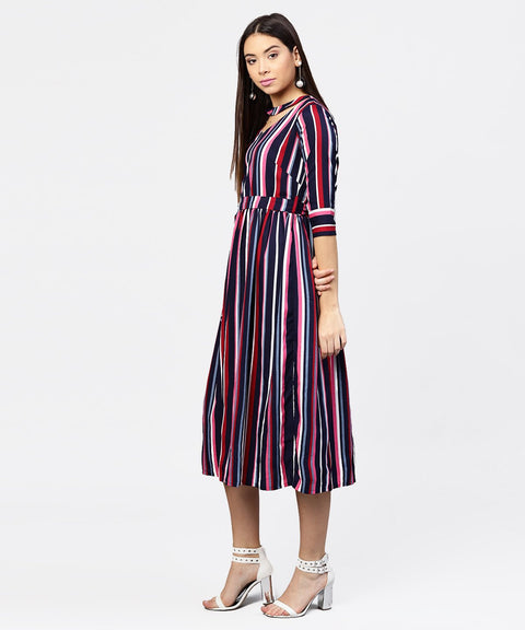 Striped printed 3/4th sleeve choker neckline full length dress with belt