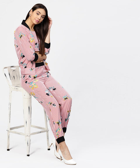 Pink striped Crop top with full sleeve open jacket & printed Mid-Rise joggers with 2 pockets