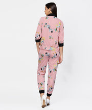 Pink striped Crop top with full sleeve open jacket & printed Mid-Rise joggers with 2 pockets