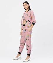 Pink striped Crop top with full sleeve open jacket & printed Mid-Rise joggers with 2 pockets