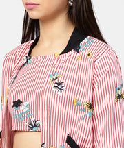 Pink striped Crop top with full sleeve open jacket & printed Mid-Rise joggers with 2 pockets