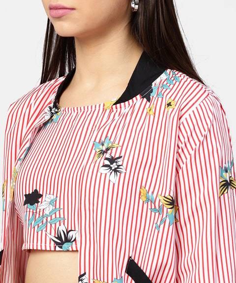 Pink striped Crop top with full sleeve open jacket & printed Mid-Rise joggers with 2 pockets