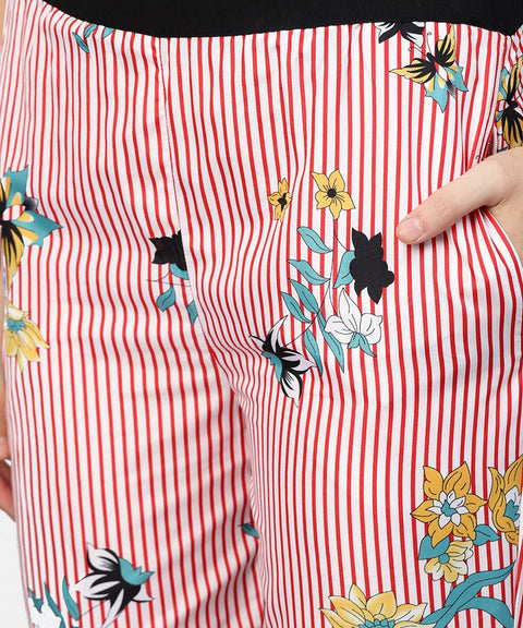 Pink striped Crop top with full sleeve open jacket & printed Mid-Rise joggers with 2 pockets