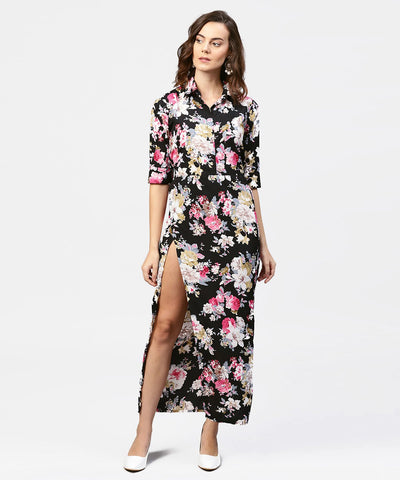 Black printed 3/4th sleeve one side slit dress with belt