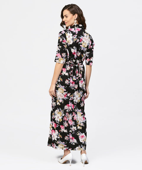 Black printed 3/4th sleeve one side slit dress with belt