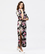 Black printed 3/4th sleeve one side slit dress with belt