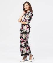 Black printed 3/4th sleeve one side slit dress with belt