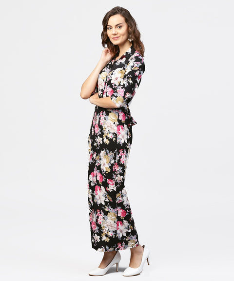 Black printed 3/4th sleeve one side slit dress with belt