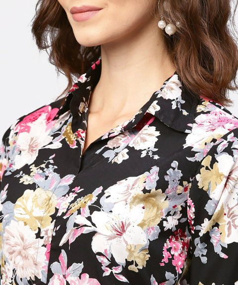 Black printed 3/4th sleeve one side slit dress with belt