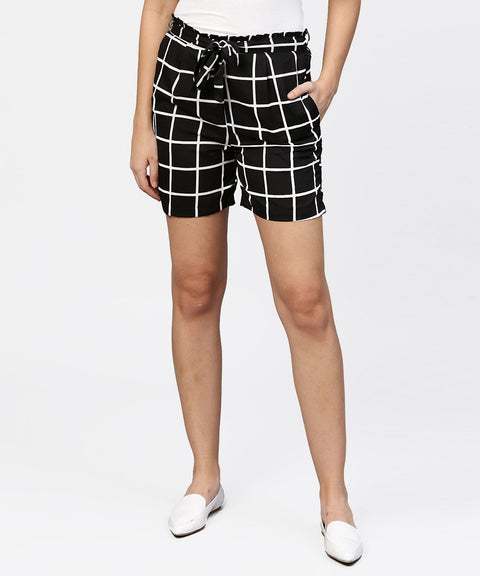 Black check high waisted short with attached belt & one side pocket