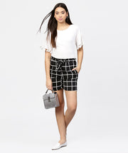 Black check high waisted short with attached belt & one side pocket