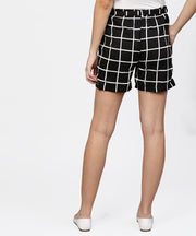 Black check high waisted short with attached belt & one side pocket
