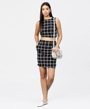 Black check boat nect crop top with high waisted skirt