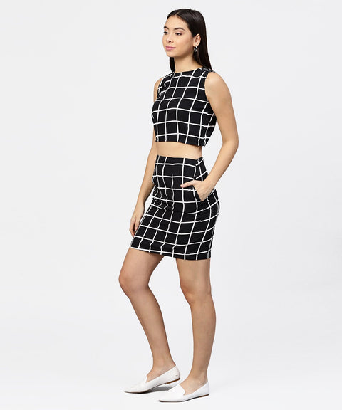 Black check boat nect crop top with high waisted skirt
