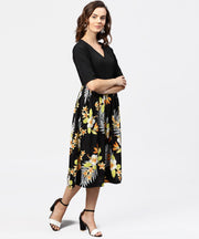 Black printed 3/4th sleeve v-neck dress