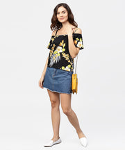 Black printed shoulder straps cold shoulder half sleeve top