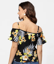 Black printed shoulder straps cold shoulder half sleeve top