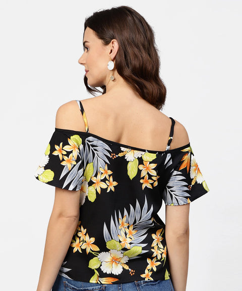 Black printed shoulder straps cold shoulder half sleeve top