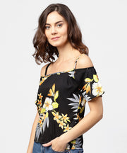 Black printed shoulder straps cold shoulder half sleeve top