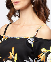Black printed shoulder straps cold shoulder half sleeve top